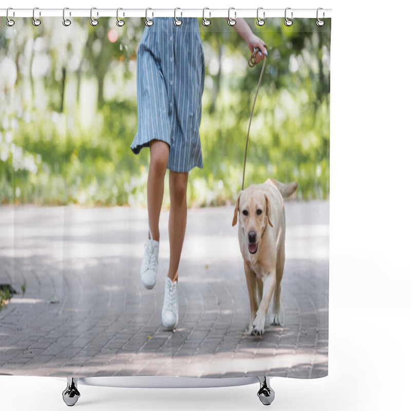 Personality  Cropped View Of Woman Running In Park With Labrador Dog On Leash Shower Curtains