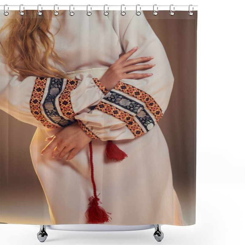 Personality  A Young Mavka In A Stunning White Dress Adorned With A Vivid Red Tassel, Embodying A Fairy-like Presence In A Studio Setting. Shower Curtains