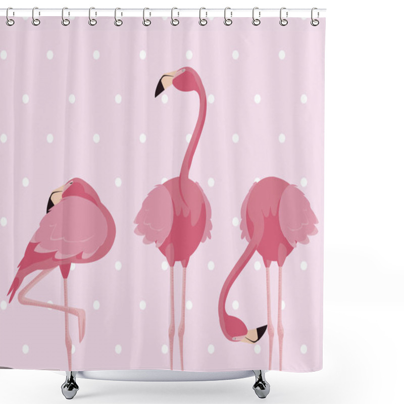 Personality  Flock Of Elegant Flamingos Birds Dotted Background Shower Curtains