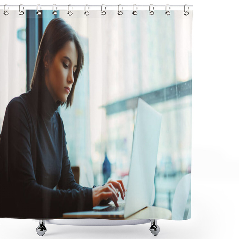 Personality  Woman Look Around And Smile While Work In Cafe On Her Laptop. Portrait Of Stylish Smiling Woman In Winter Clothes Work At Laptop. Female Bussiness Style With Sun. - Image Shower Curtains