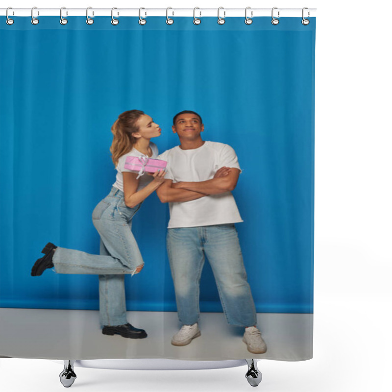 Personality  Beautiful Woman Holding Present Near Happy African American Man On Blue Backdrop, Air Kiss Shower Curtains