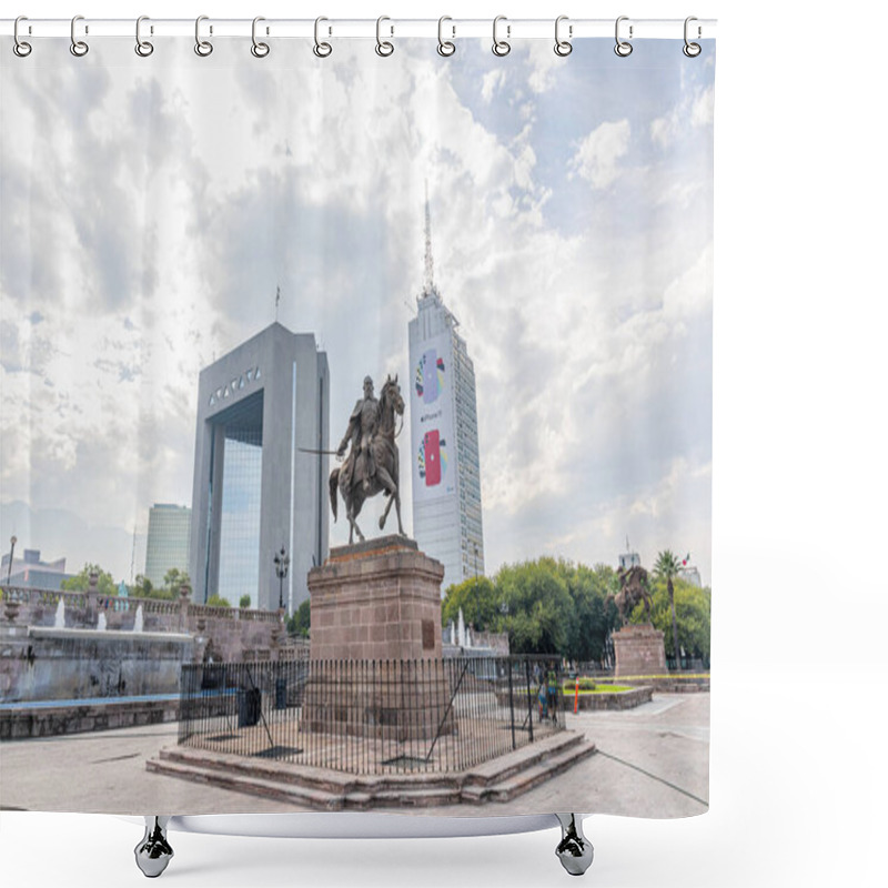 Personality  Monterrey, Nuevo Leon, Mexico - November 21, 2019: The Sculpture Of  Mariano Escobedo Against The Monterrey Skyline Shower Curtains