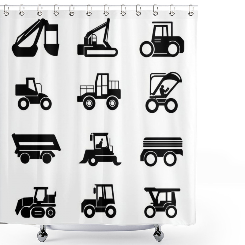 Personality  A Collection Of Black Silhouette Icons Representing Various Construction And Farming Machinery. Shower Curtains