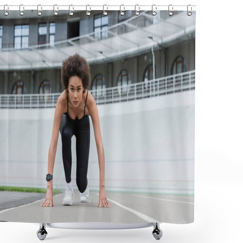 Personality  Front View Of African American Woman In Sportswear And Fitness Tracker Standing In Low Start Pose Shower Curtains