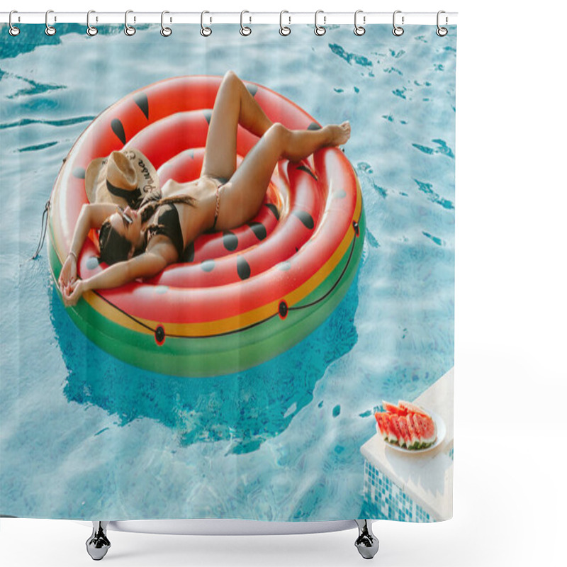 Personality  Sexy Woman Relax In Swimming Pool On Inflatable Fun Beach Floaty Outdoors Shower Curtains