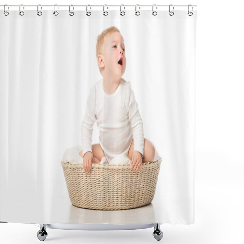 Personality  Cute Boy Looking Away With Open Mouth And Sitting Inside Basket On White Background Shower Curtains