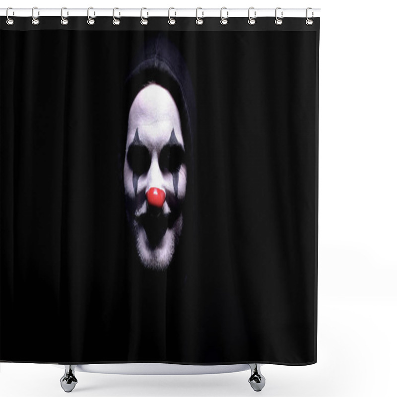 Personality  Maniac With Spooky Clown Face Angrily Smiling Into Camera, Psycho Threatening Shower Curtains