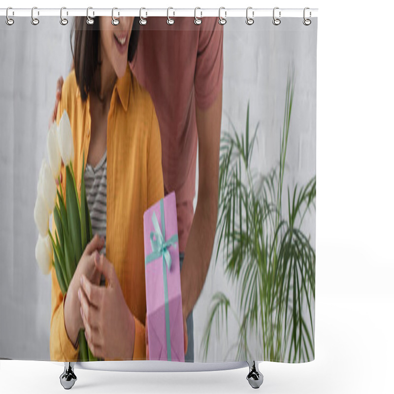 Personality  Partial View Of Young Man Presenting Gift Box To Girlfriend With Bouquet Of Flowers In Kitchen, Banner Shower Curtains