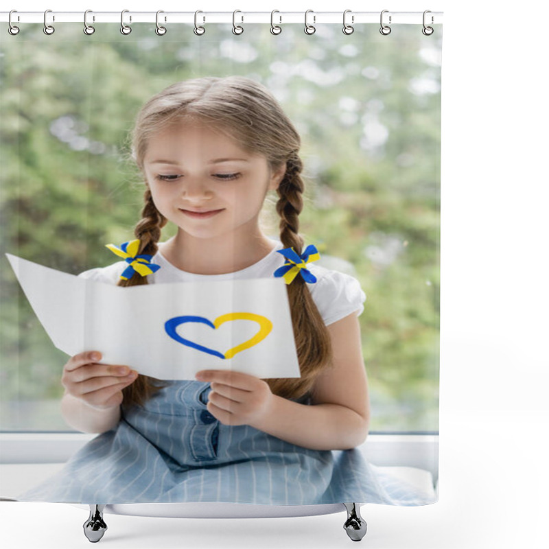 Personality  Positive Patriotic Girl Reading Postcard With Blue And Yellow Heart Shower Curtains