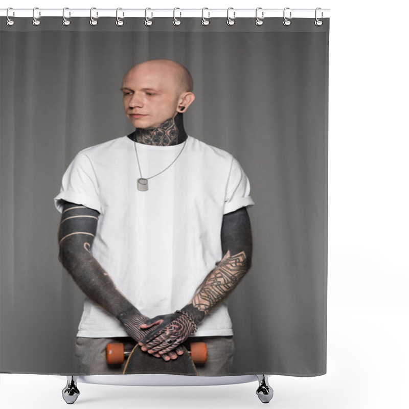 Personality  Handsome Bald Tattooed Man In White T-shirt Standing With Skateboard And Looking Away Isolated On Grey Shower Curtains