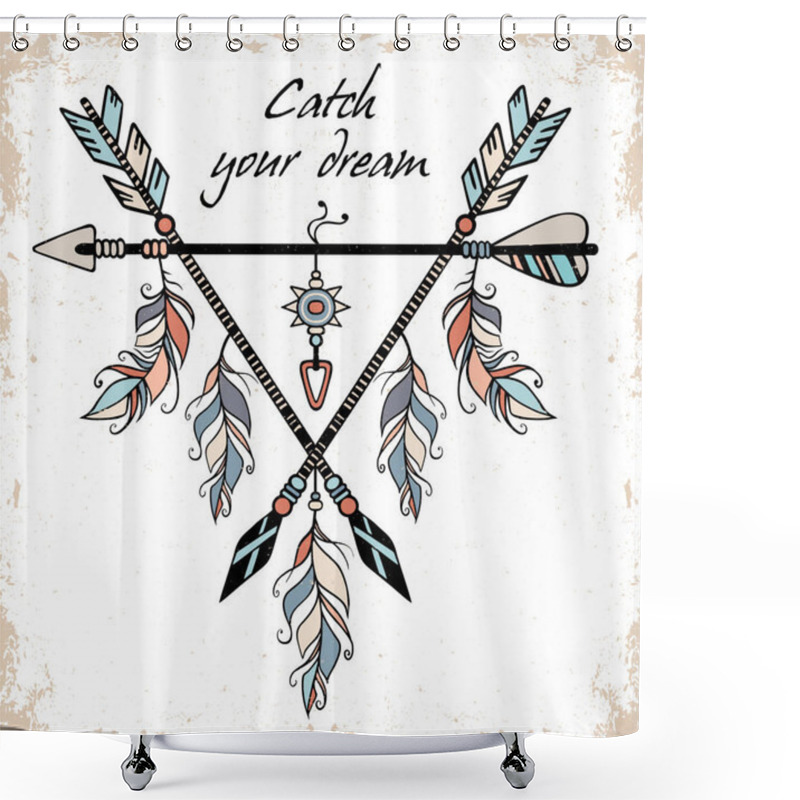 Personality  Native American Accessory With Arrow Feathers And Lettering Catch Your Dream. Vector Illustration. T-shirt Design.  Shower Curtains