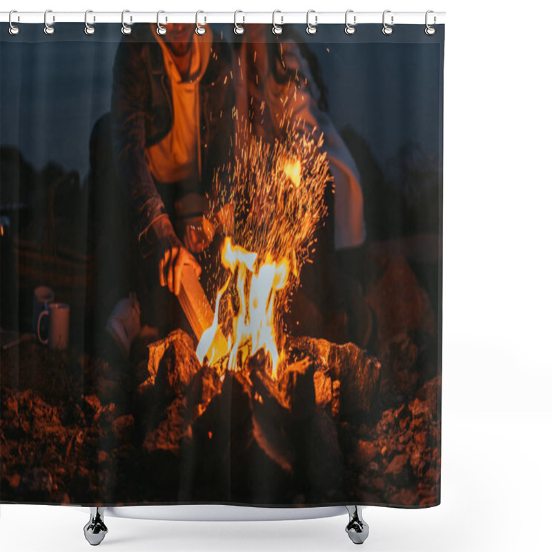 Personality  Cropped View Of Man Putting Log In Bonfire Near Girl  Shower Curtains