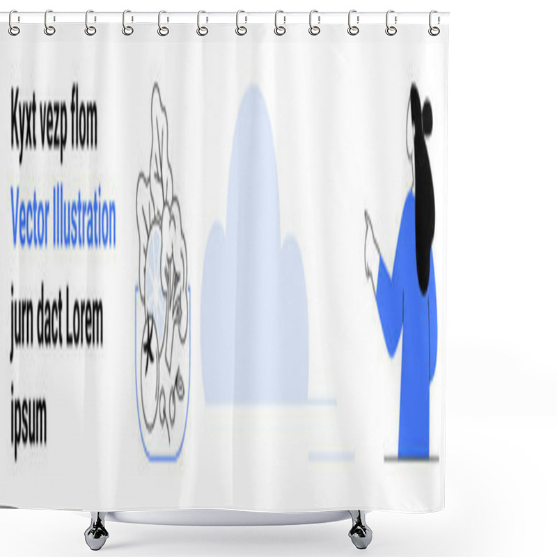 Personality  Woman In Blue Shirt Points At A Cloud, Text Block On Left, Plant In Pot, Clean Design. Ideal For Technology, Cloud Computing, Data Management, Education, Web Development, Presentations, Advertising Shower Curtains