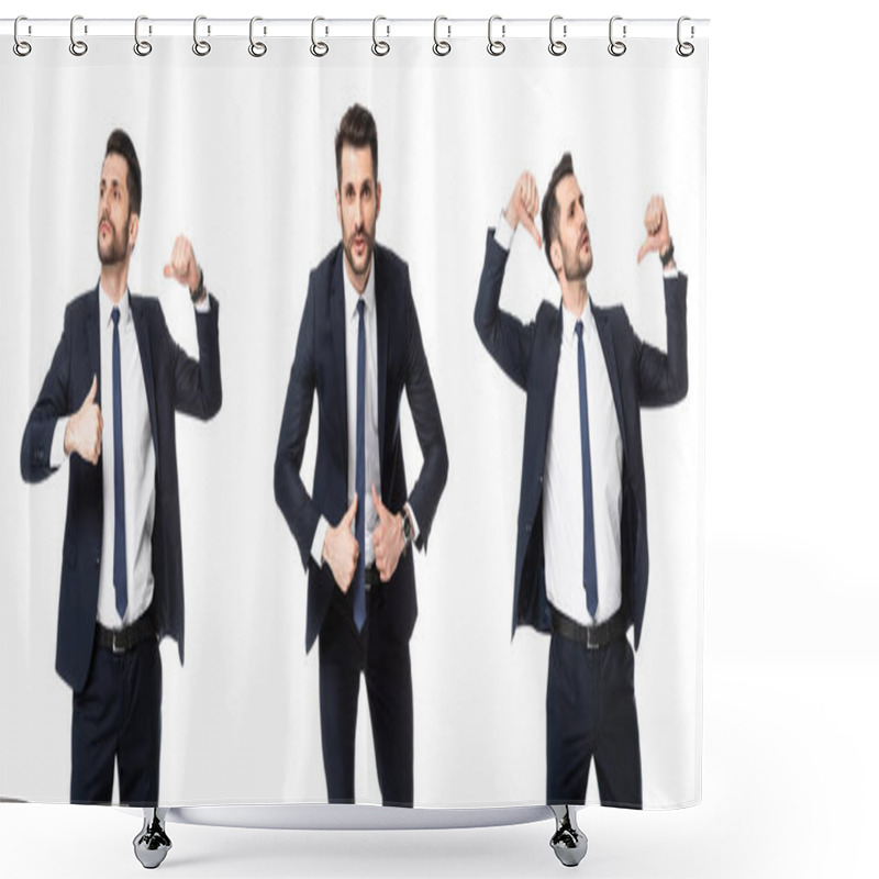 Personality  Collage Of Arrogant Businessman Pointing With Thumbs At Himself Isolated On White, Sexism Concept  Shower Curtains