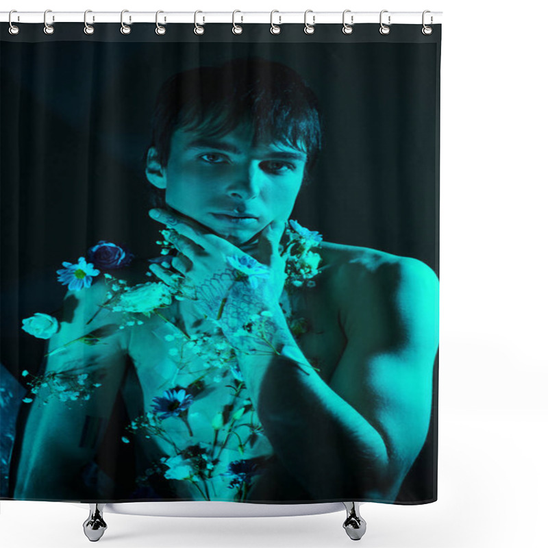 Personality  A Young Man Strikes A Pose, Wearing No Shirt And Adorned With Delicate Flowers Shower Curtains