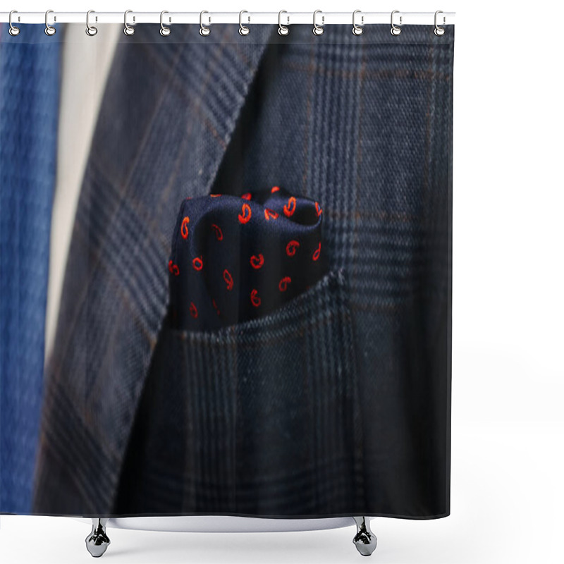 Personality  Close-up Of A Sophisticated Navy Blue Pocket Square With Red Paisley Patterns Elegantly Tucked Into The Pocket Of A Plaid Suit Jacket, Symbolizing Refined Style And Sartorial Elegance. Shower Curtains