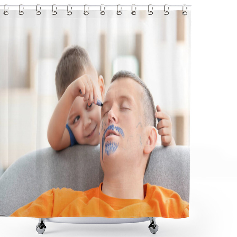 Personality  Little Boy Painting His Father's Face While He Sleeping. April Fool's Day Prank Shower Curtains