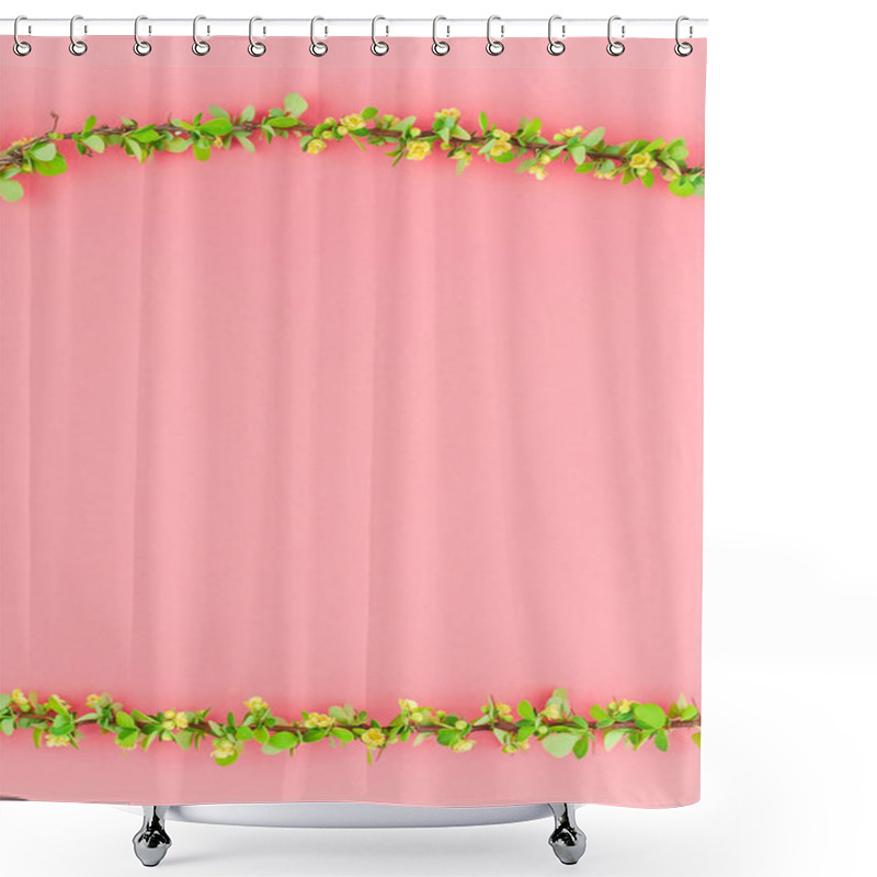 Personality  Creative Flat Lay Concept Top View Of Spring Blossoming Barberry Branch With Green Leaves, Barbs And Yellow Flowers On Pastel Color Paper Background With Copy Space In Minimal Style, Template Frame Shower Curtains