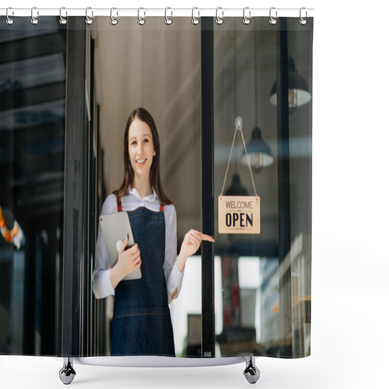 Personality  Startup Successful Small Business Owner Stand With Tablet  In Cafe Shower Curtains