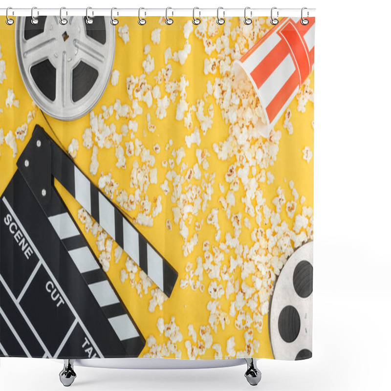 Personality  Film Reels, Clapperboard And Overturned Striped Bucket With Popcorn Isolated On Yellow Shower Curtains