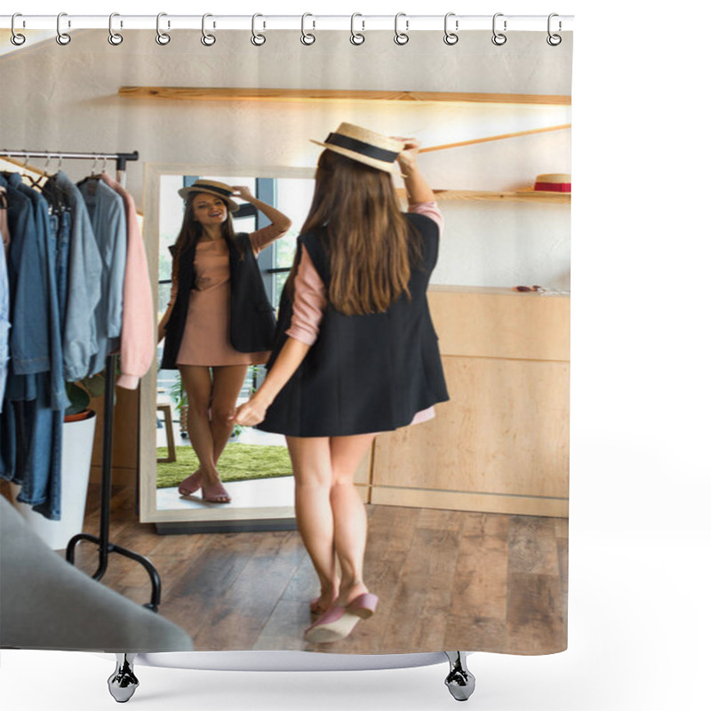 Personality  Girl Trying On Hat In Boutique Shower Curtains