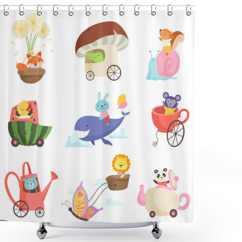 Personality  Cute Baby Animals In Transport Set, Fox, Crocodile, Squirrel, Chicken, Bunny, Bear, Lion, Monkey, Panda Bear Riding, Flying And Swimming By Fantastic Transport Vector Illustration Shower Curtains