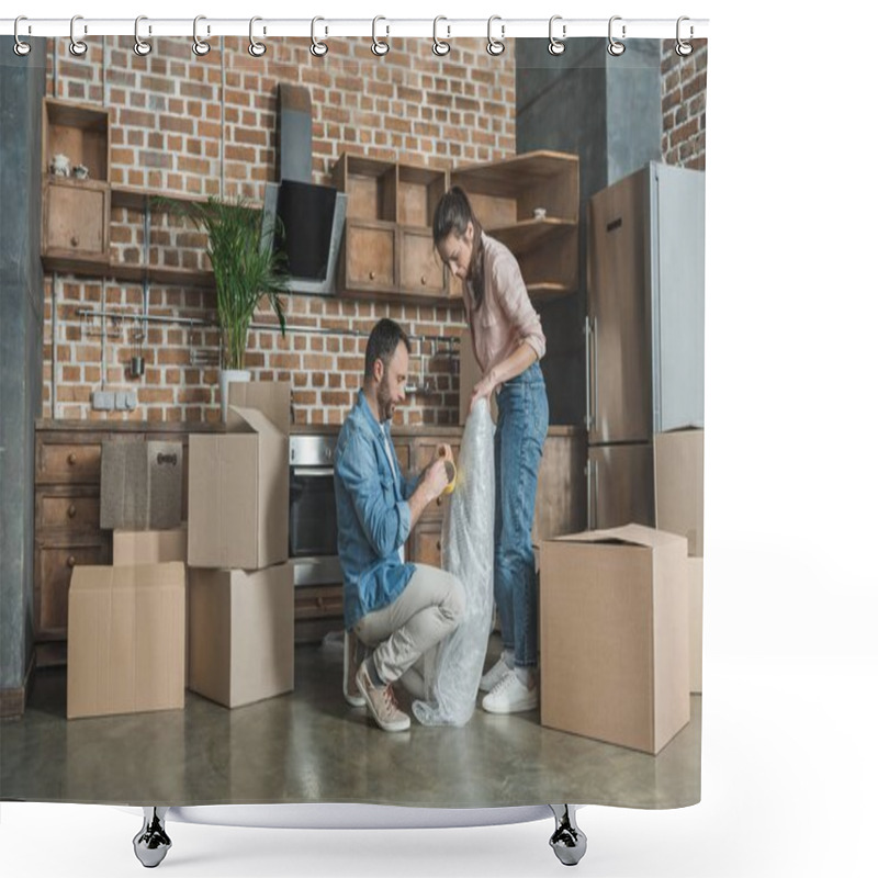 Personality  Full Length View Of Young Couple Packing Picture During Relocation  Shower Curtains