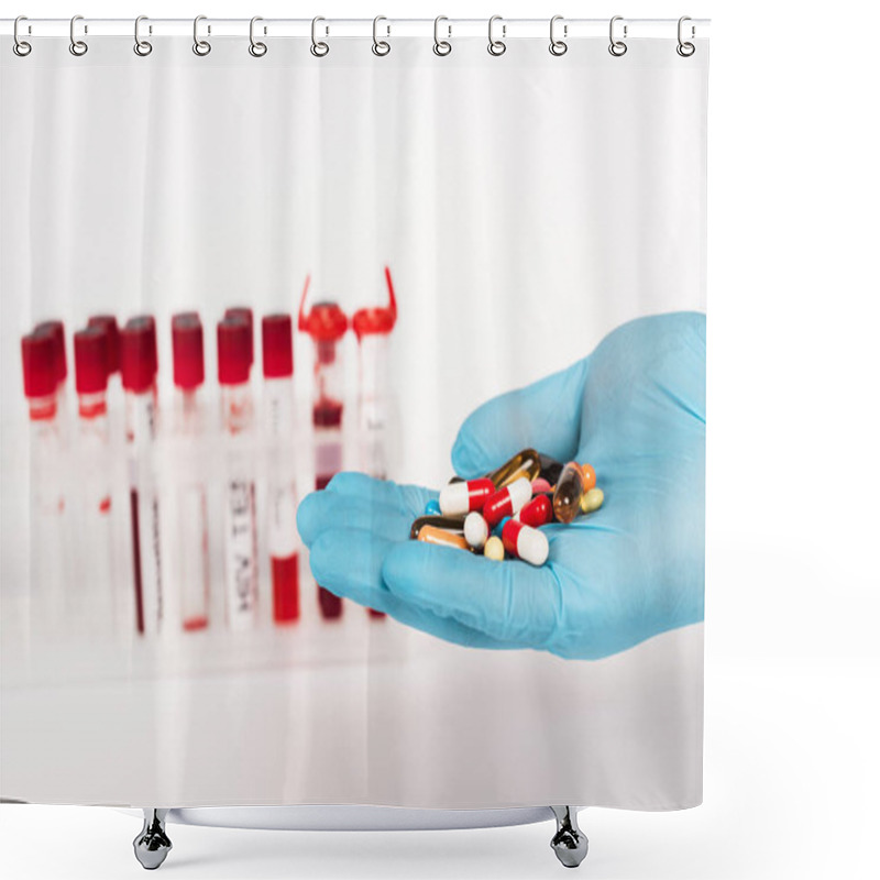 Personality  Cropped View Of Scientist In Latex Glove Holding Pills Near Test Tubes With Lettering On White  Shower Curtains