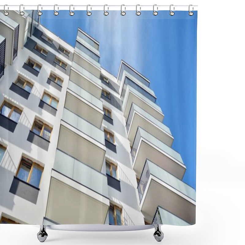 Personality  Multistory New Modern Apartment Building. Stylish Living Block Of Flats. Shower Curtains