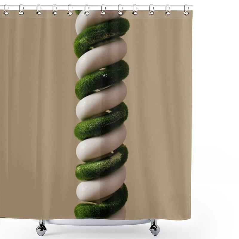 Personality  A Modern Spiral Sculpture With Green Moss And Smooth White Sections. Shower Curtains