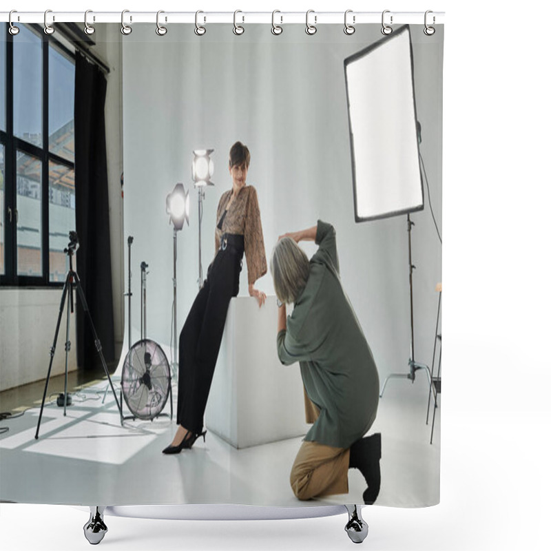 Personality  A Middle Aged Lesbian Couple In A Studio, One Setting Up Camera And The Other Getting Ready As The Model. Shower Curtains