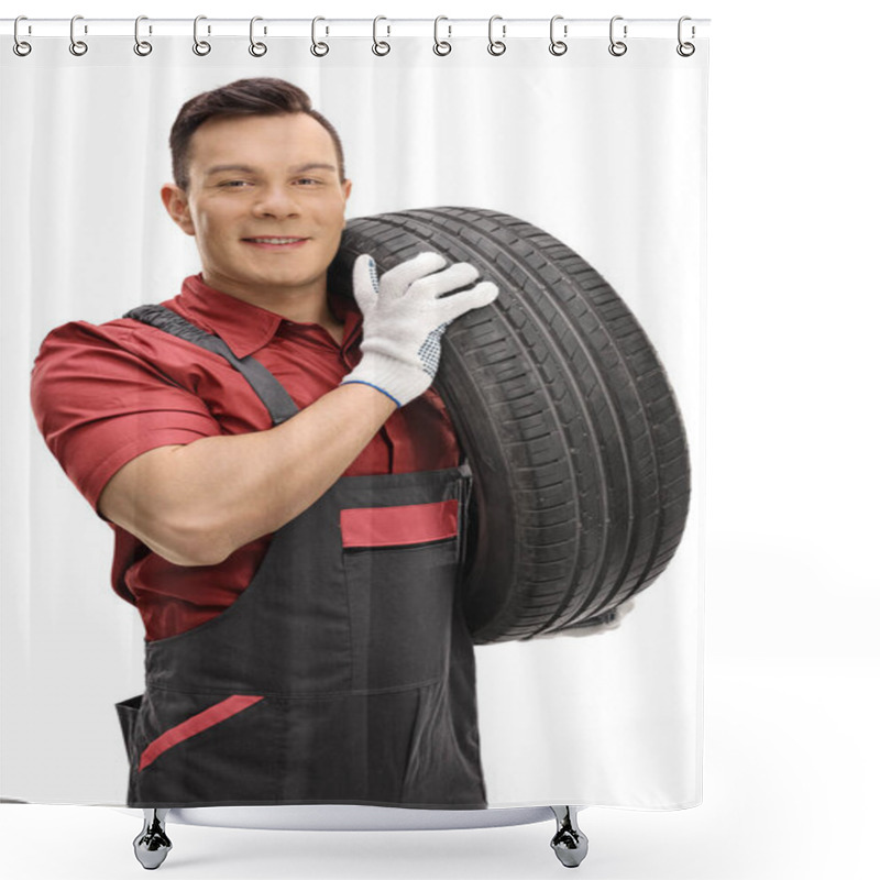 Personality  Young Mechanic Carrying A Tire  Shower Curtains