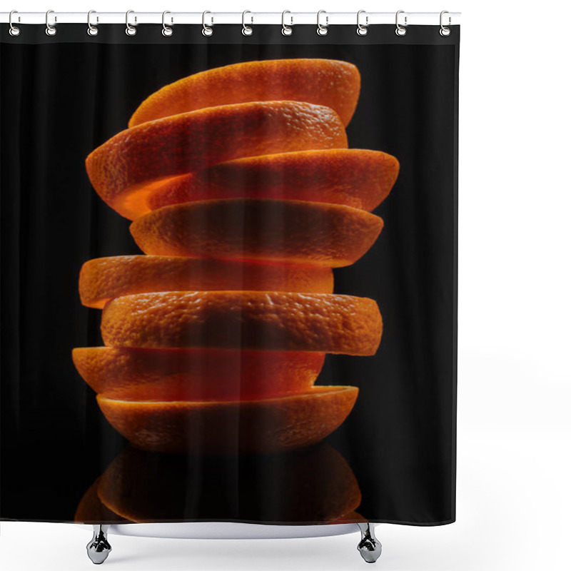 Personality  Close-up Shot Of Stacked Slices Of Fresh Orange Isolated On Black Shower Curtains