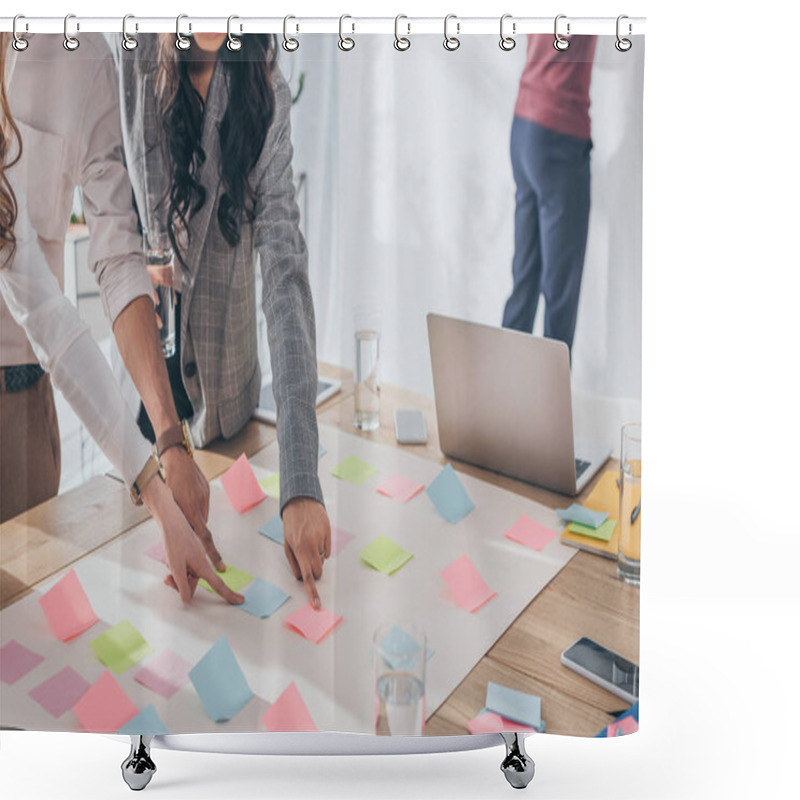 Personality  Cropped View Of Businesswomen And Businessman Pointing With Fingers At Sticky Notes Shower Curtains