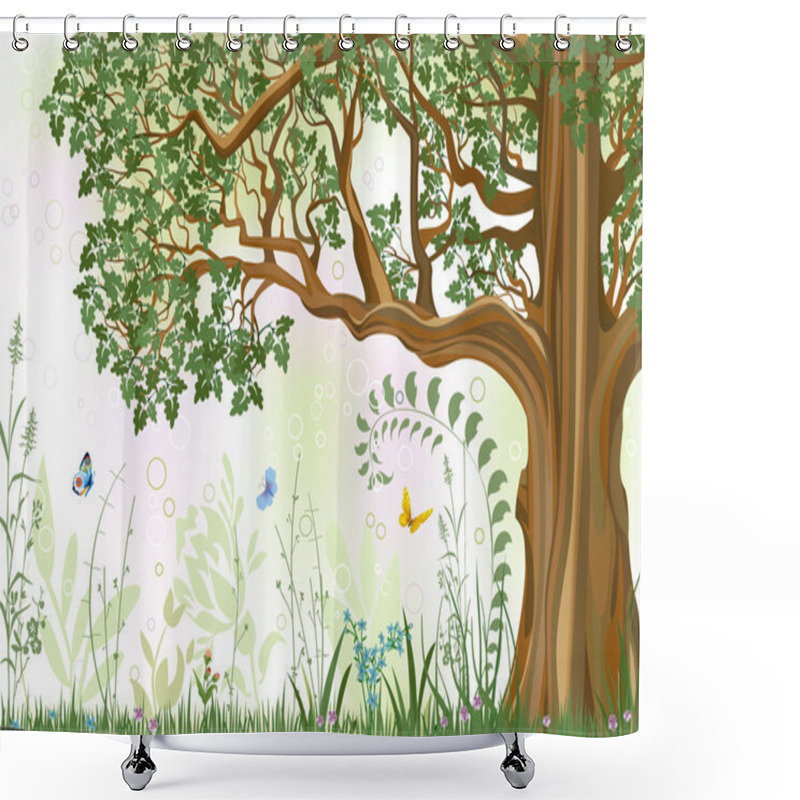 Personality  Summer Background With Oak Tree In A Meadow - Vector Illustration Shower Curtains