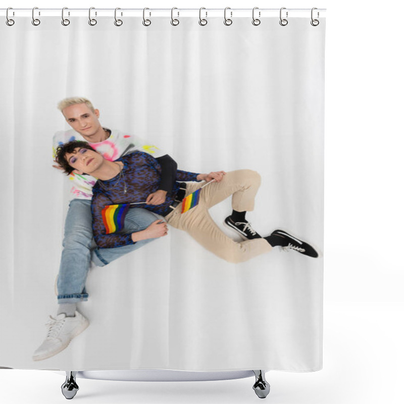 Personality  Top View Of Stylish Gay Man And Queer Person Sitting With Lgbtq Flags On Grey Background Shower Curtains