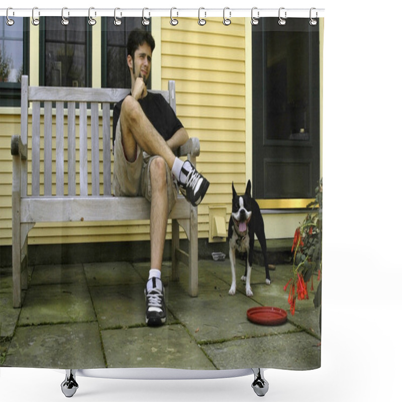 Personality  Man With A Playful Dog Shower Curtains