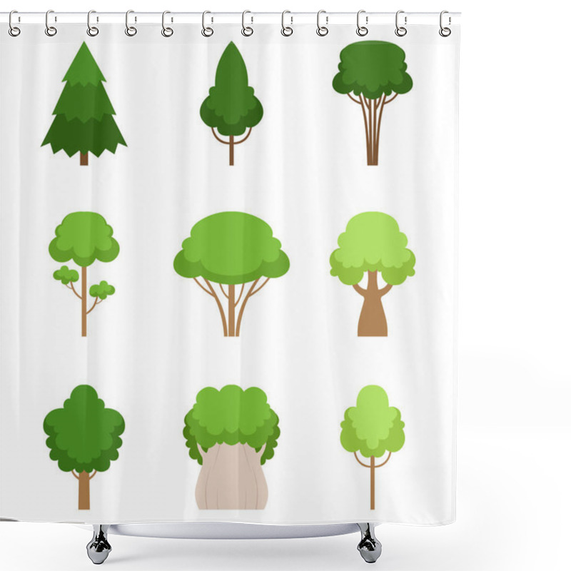 Personality  Set Of Different Trees Oak, Sequoia, Spruce, Pine, Cedar, Maple, Linden, Cattan. Vector Illustration. Shower Curtains