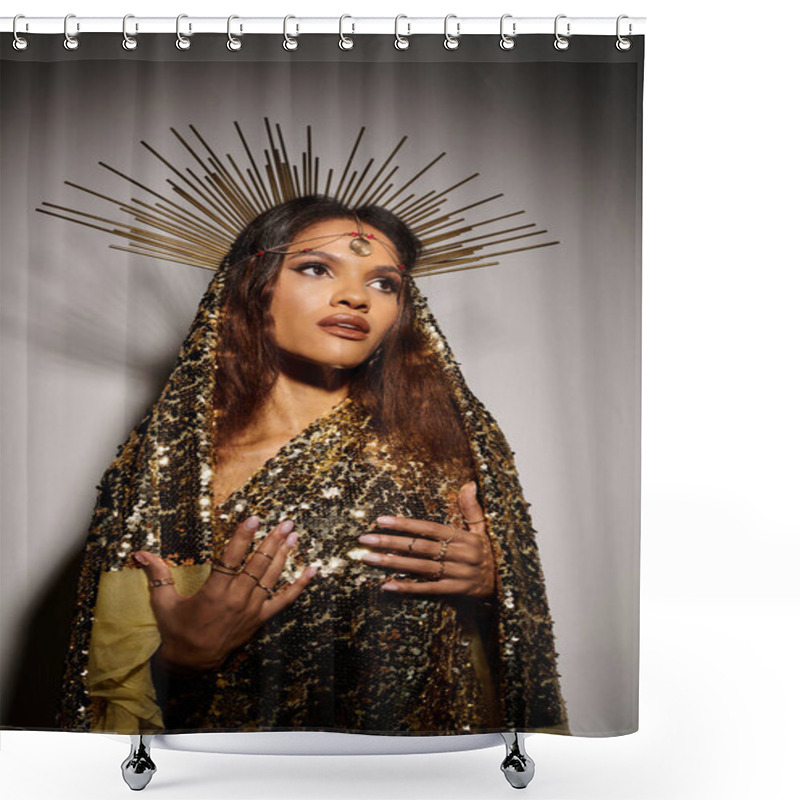 Personality  A Radiant Goddess Showcases Her Beauty In A Shimmering Golden Dress Surrounded By Ambient Studio Light. Shower Curtains