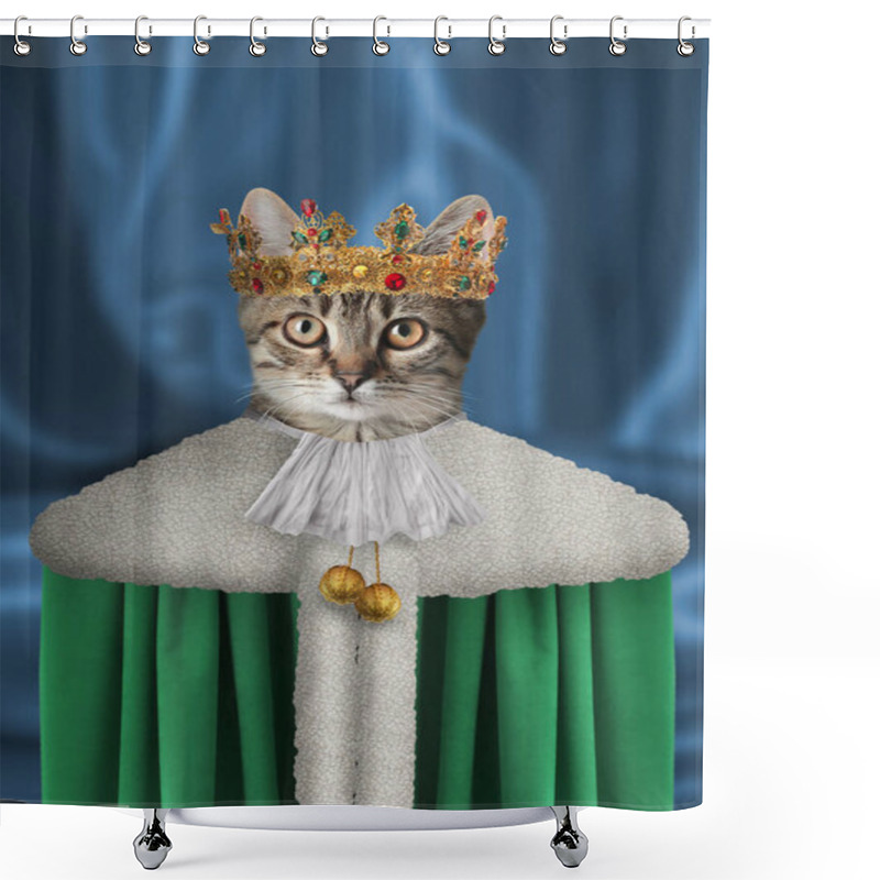 Personality  Cute Cat Dressed Like Royal Person Against Blue Background Shower Curtains