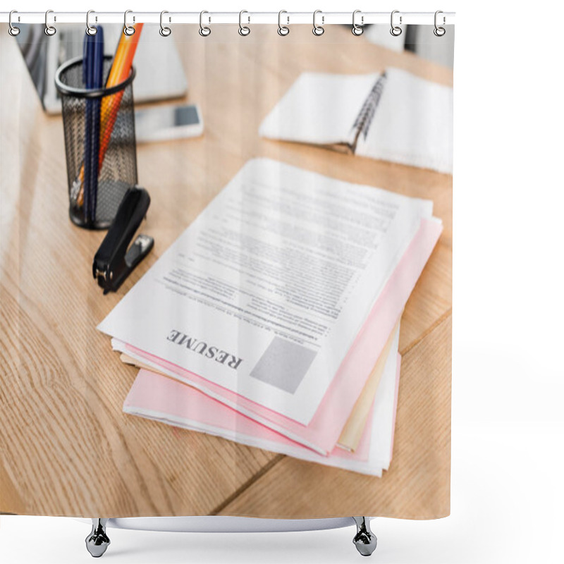 Personality  Selective Focus Of Resume Near Stapler And Pen Holder On Table  Shower Curtains