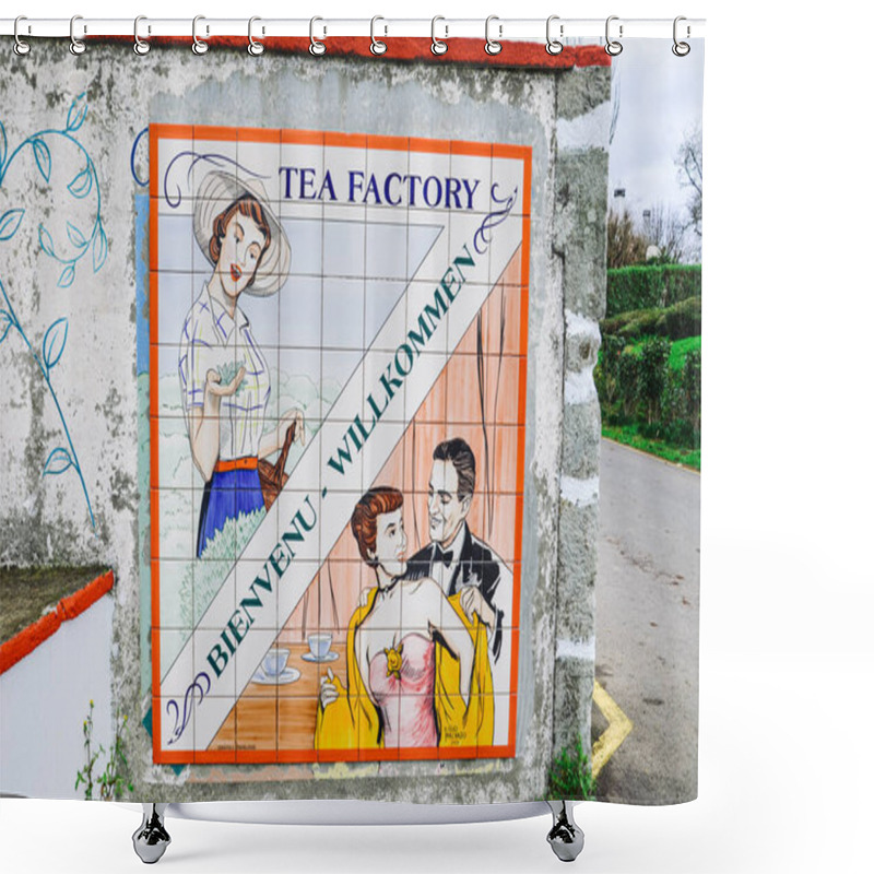 Personality  Maia, Azores, Portugal - Jan 14, 2020: Gorreana Tea Plantation In Sao Miguel Island. Entrance To The Tea Factory With Old Tile Advertisement And Sign Welcome In French And German. Tea Cultivation. Shower Curtains