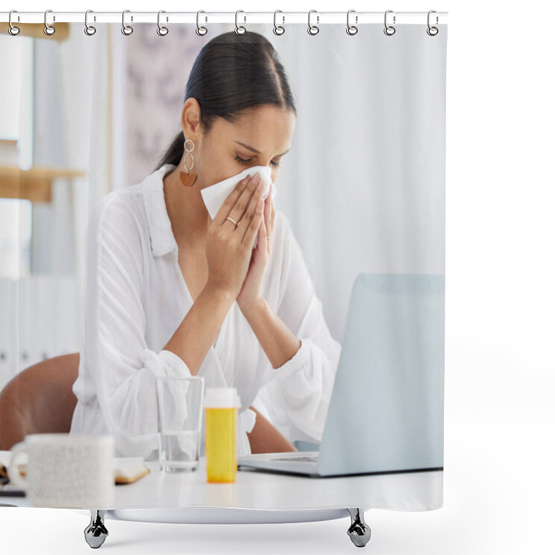 Personality  Sick, Business Woman And Blowing Nose In Office For Bacteria, Allergy Or Covid Virus By Laptop In Creative Startup. Sneeze, Tissue Paper And Worker With Health Problem, Flu Or Receptionist With Fever. Shower Curtains