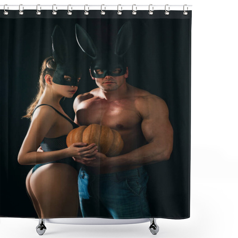 Personality  Sexy Halloween. Sensual Muscular Couple Posing With Pumpkin In Bunny Rabit Mask. Naked Boyfriend Girlfriend Shower Curtains