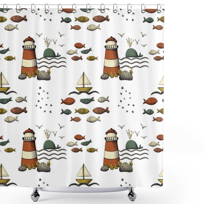 Personality  Hand Drawn Sea Life And Nautical Seamless Pattern Background Shower Curtains