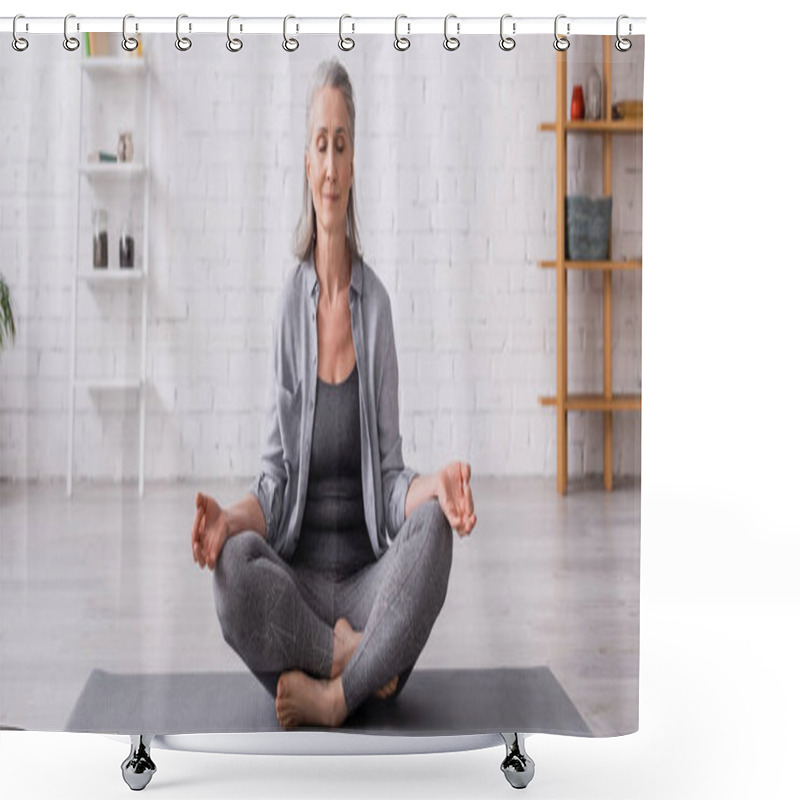 Personality  Mature Woman With Grey Hair Sitting In Lotus Pose On Yoga Mat, Banner Shower Curtains