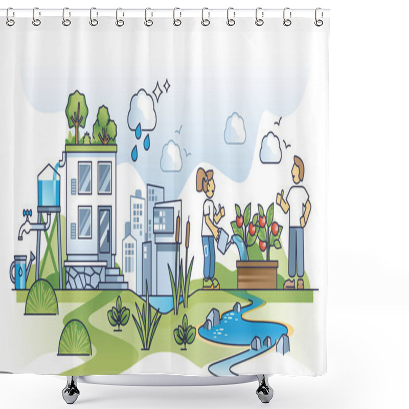 Personality  Water Conservation In City With Rainwater Collection And Reusage In Garden Outline Concept. Save Drinking Water In Urban Environment Vector Illustration. Smart And Effective Household Garden Watering Shower Curtains