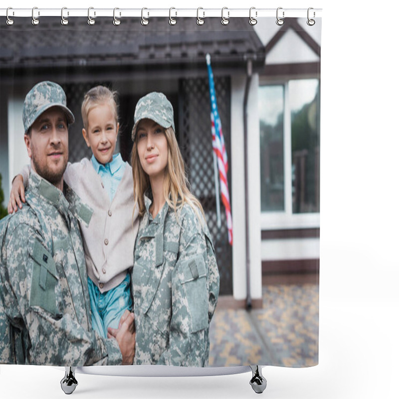 Personality  Smiling Father And Mother In Military Uniforms Lifting Daughter And Looking At Camera On Blurred Background Shower Curtains