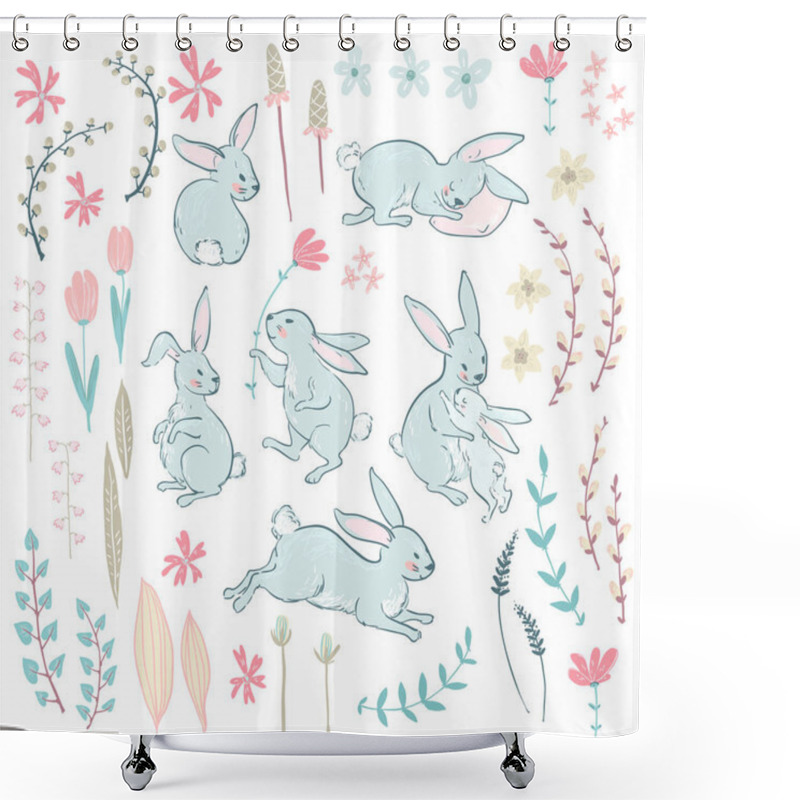 Personality  Easter Seamless Pattern With Cartoon Cute Bunnies And Flowers With Branches In Pastel Colors, Vector, Illustration Shower Curtains