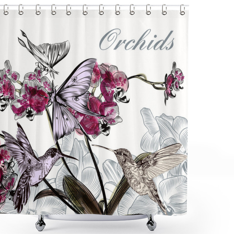 Personality  Beautiful Vector  Background With Orchid Flowers Hummingbirds Shower Curtains